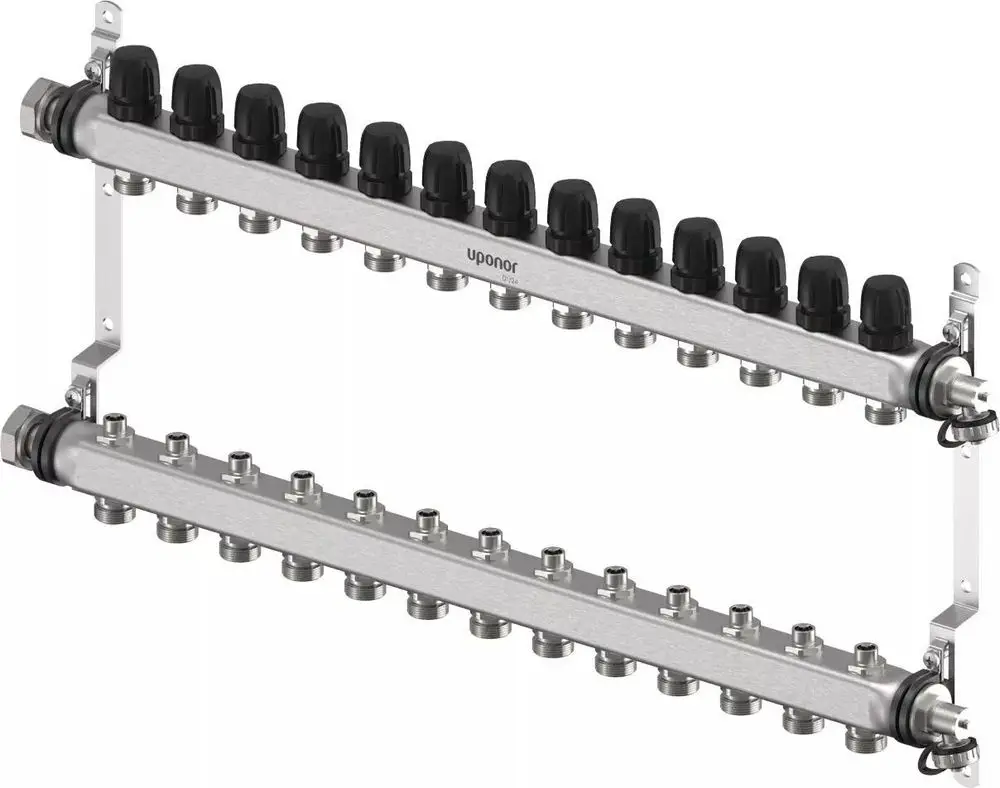 Verteiler von Uponor mit mehreren Anschlüssen, ausgestattet mit Blenden, zur Verwendung in Heizungs- oder Kühlsystemen. Oberflächen aus Metall, klar strukturiert.